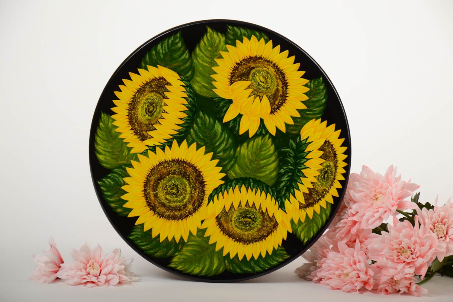 Homemade decorative dark wooden wall plate with painting Sunflowers photo 1