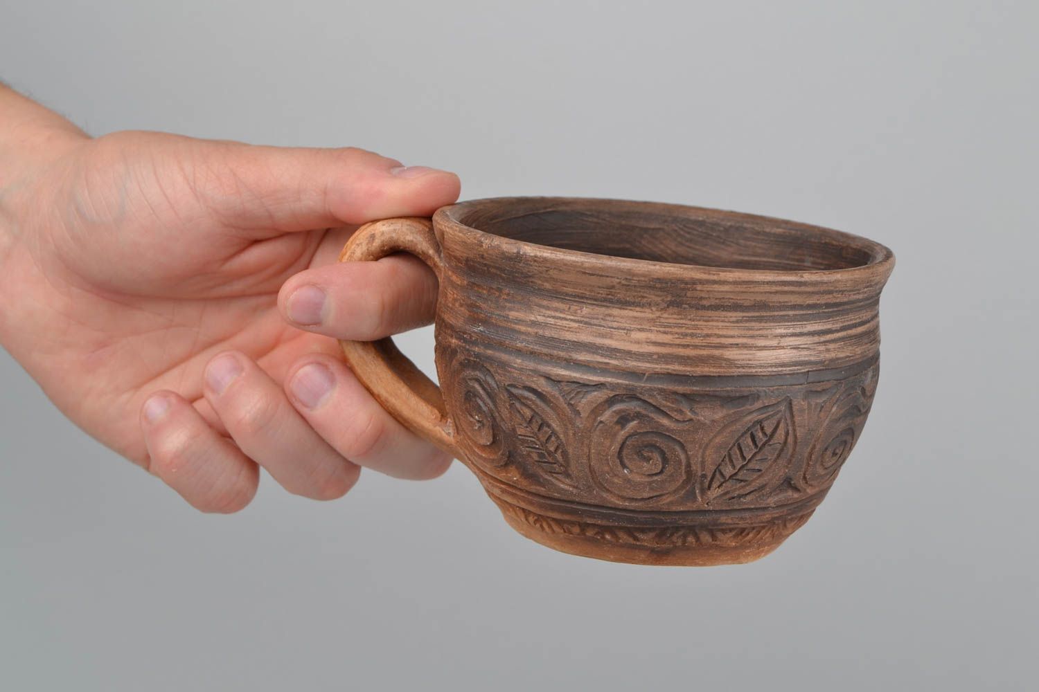 Natural large glazed clay cup with handle in brown color with pattern 0,57 lb photo 2