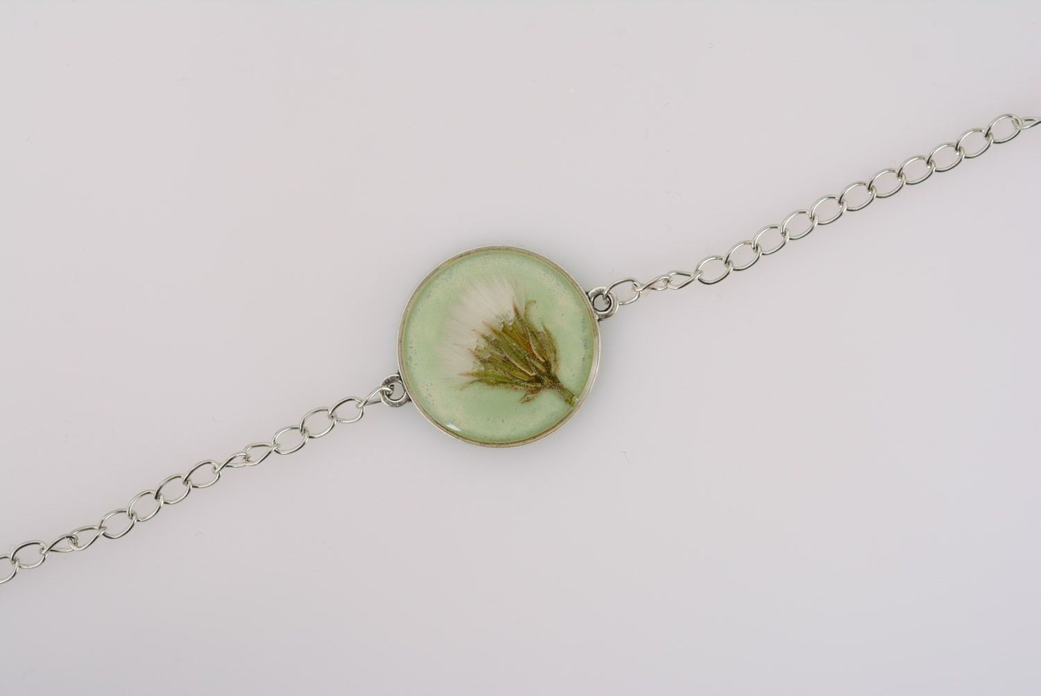 Handmade round transparent pendant with flower in epoxy resin on long metal chain photo 2
