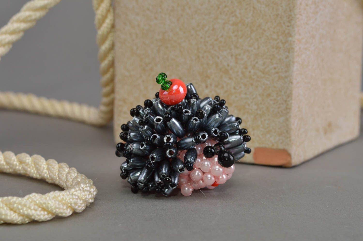 Beautiful small handmade statuette woven of beads Black Hedgehog room decor photo 1
