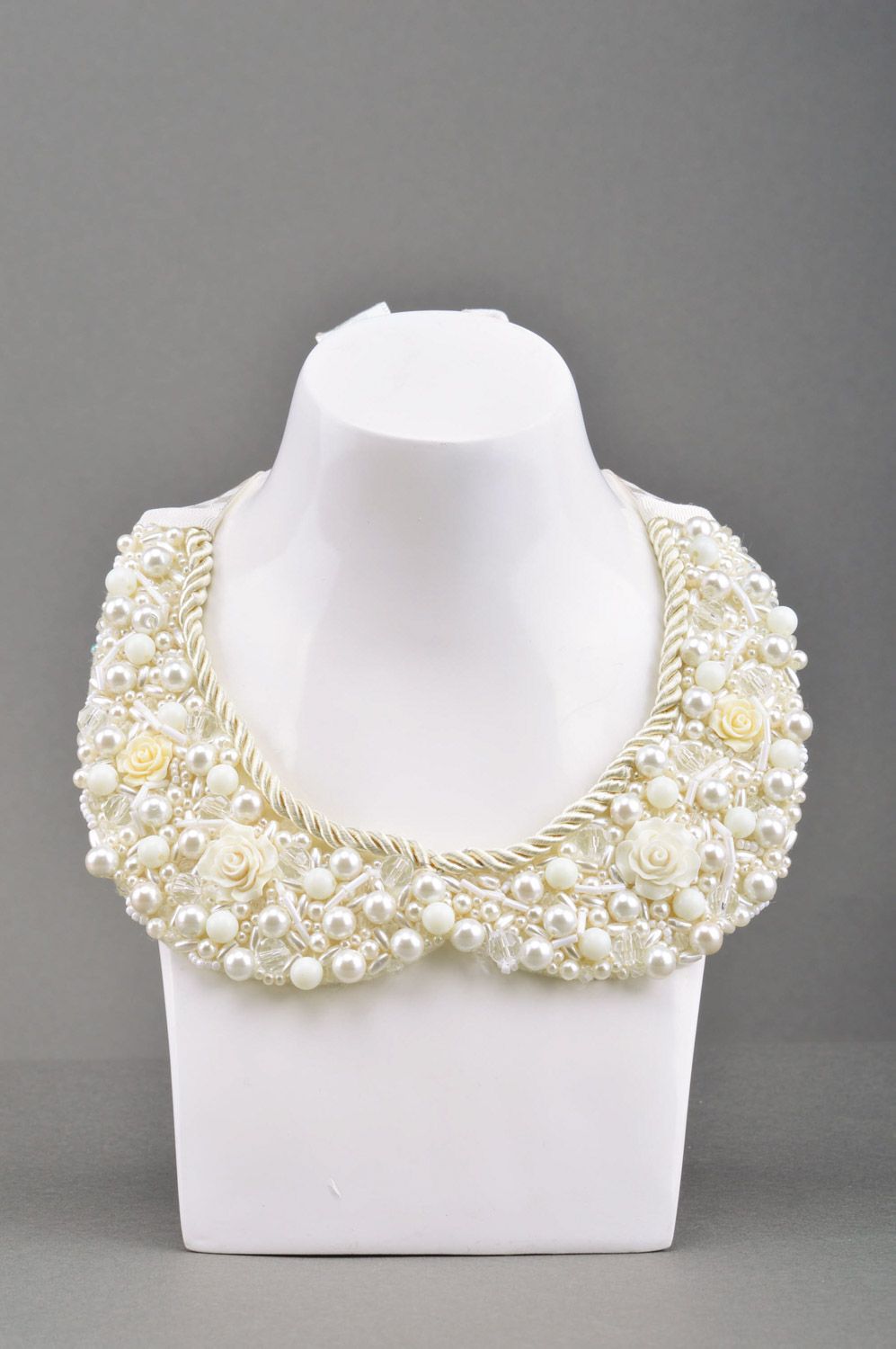 Handmade festive decorative white bead embroidered collar necklace Tenderness photo 1