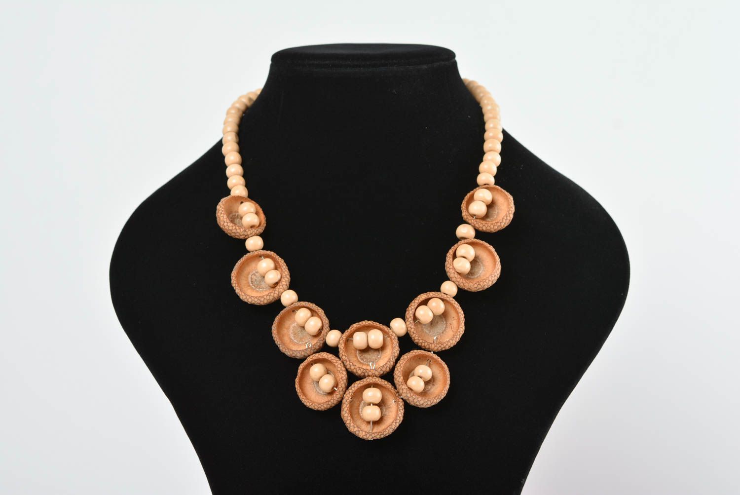 Necklace with wooden beads and acorns handmade designer accessory in eco-style photo 2