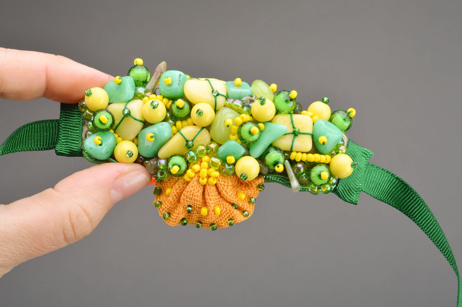 Handmade green and yellow bead embroidered wrist bracelet with stones and ties photo 2