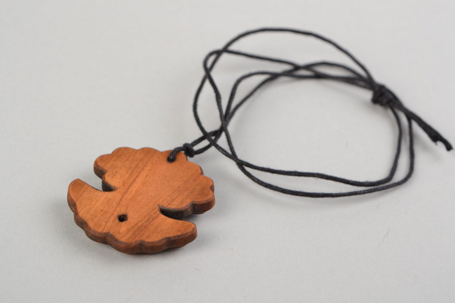 Handmade carved wooden pendant of unusual shape on waxed cord unisex photo 5