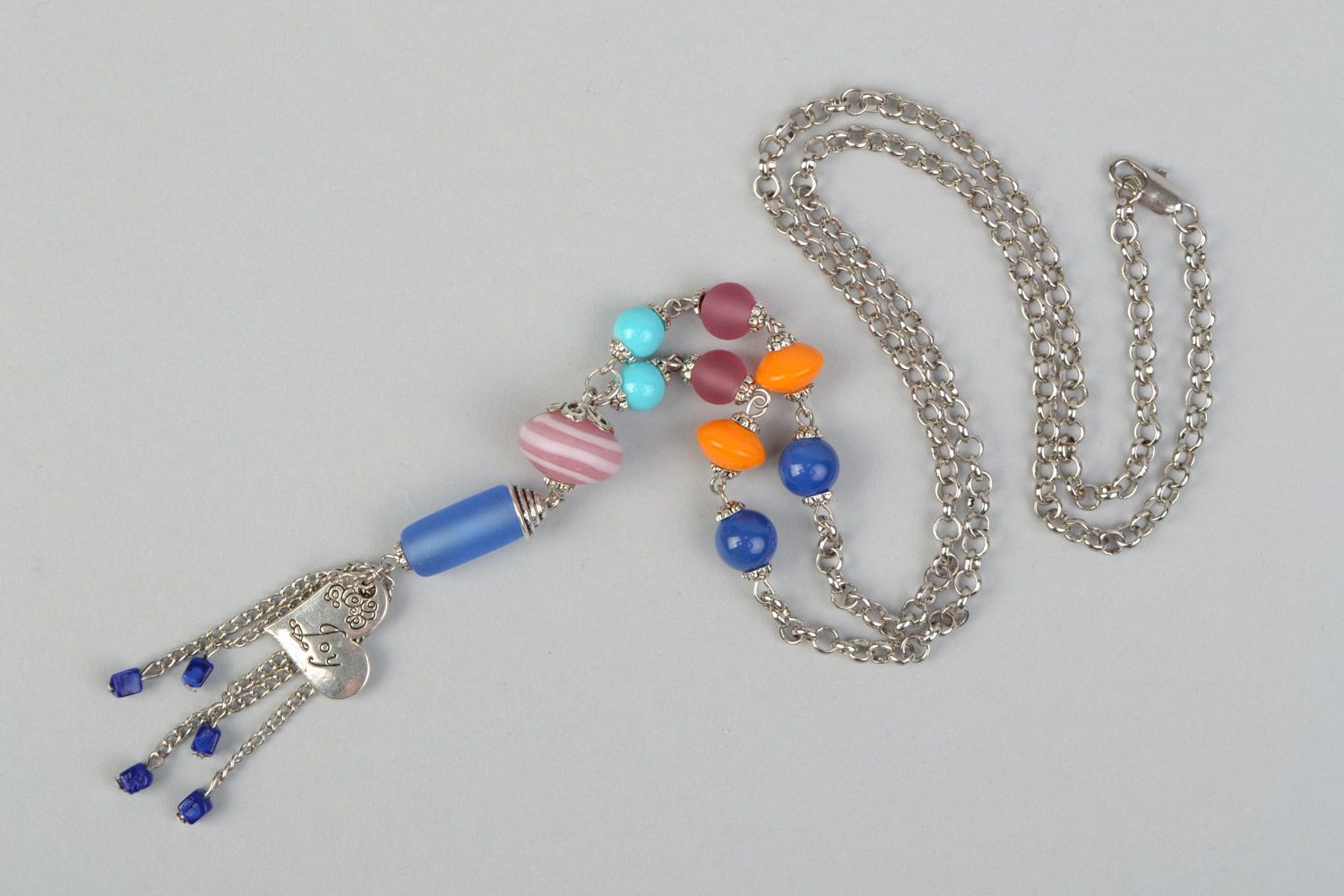 Handmade long metal chain necklace with colorful glass and ceramic beads  photo 2