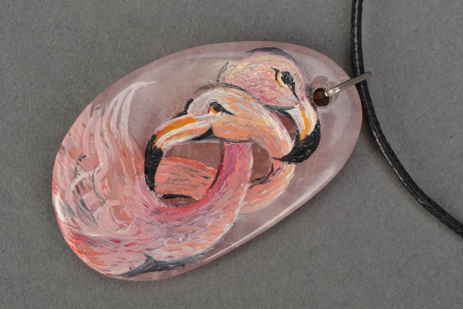Natural quartz pendant with painting Pink Flamingos photo 3