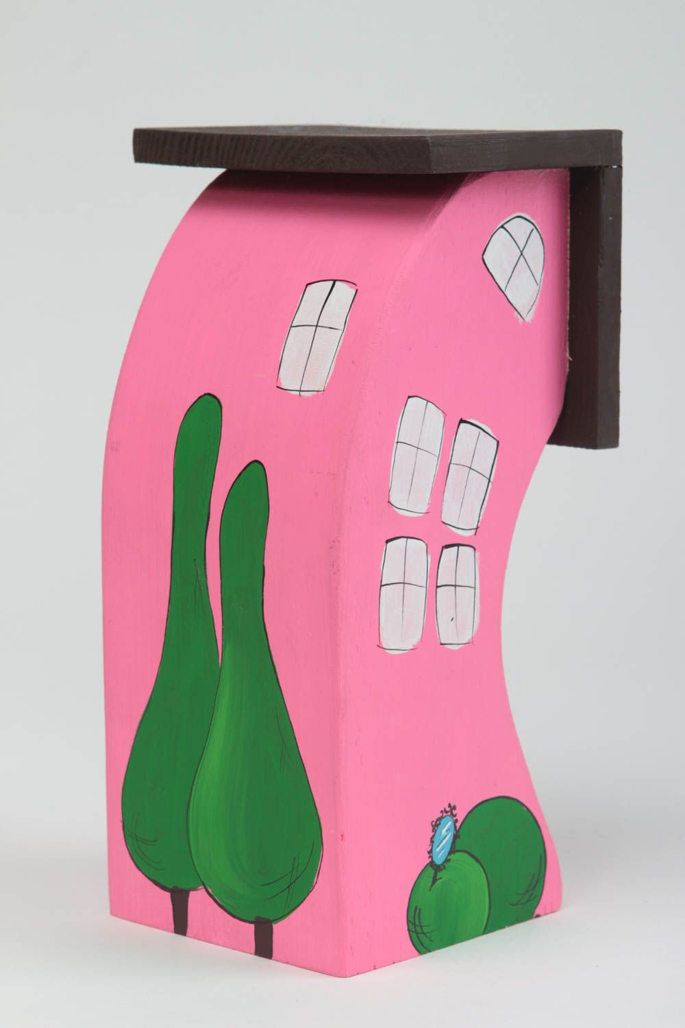 Statuette en bois fait main Figurine décorative Déco maison rose avec fenêtres photo 2