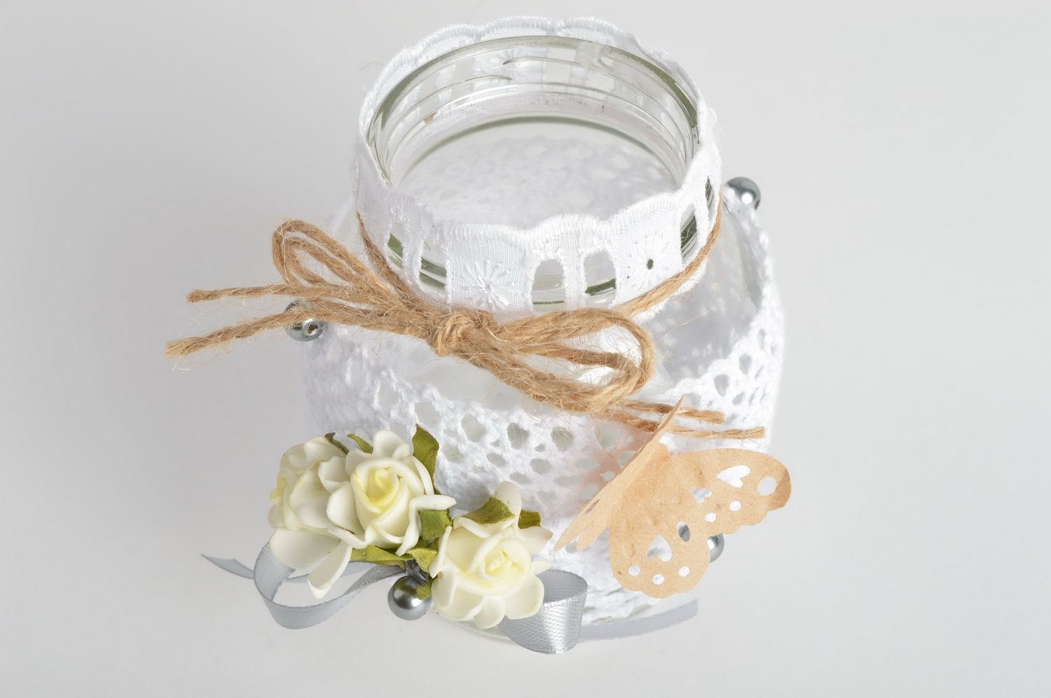 Glas Vase für Blumen mit Spitze verziert in Weiß handgemacht für Tisch Dekor foto 3