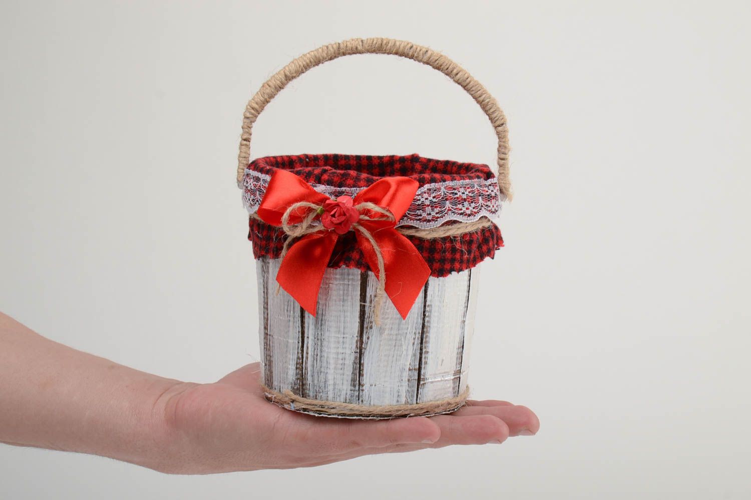 Handmade small decorative bucket with red fabric inside with bow and lace  photo 5