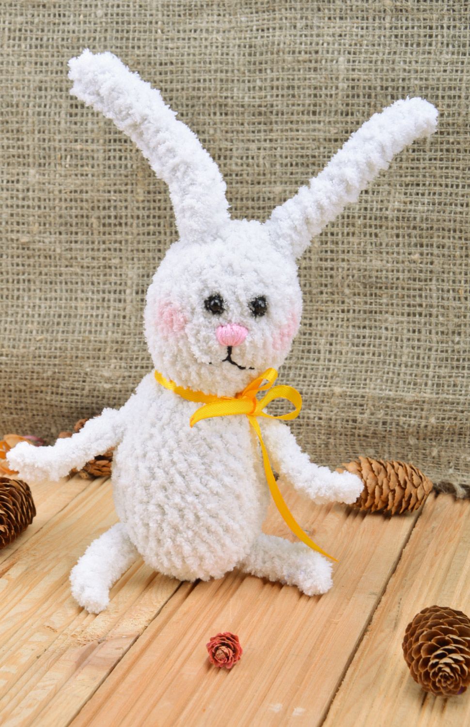 Beautiful handmade soft crochet toy hare of white color for children photo 1