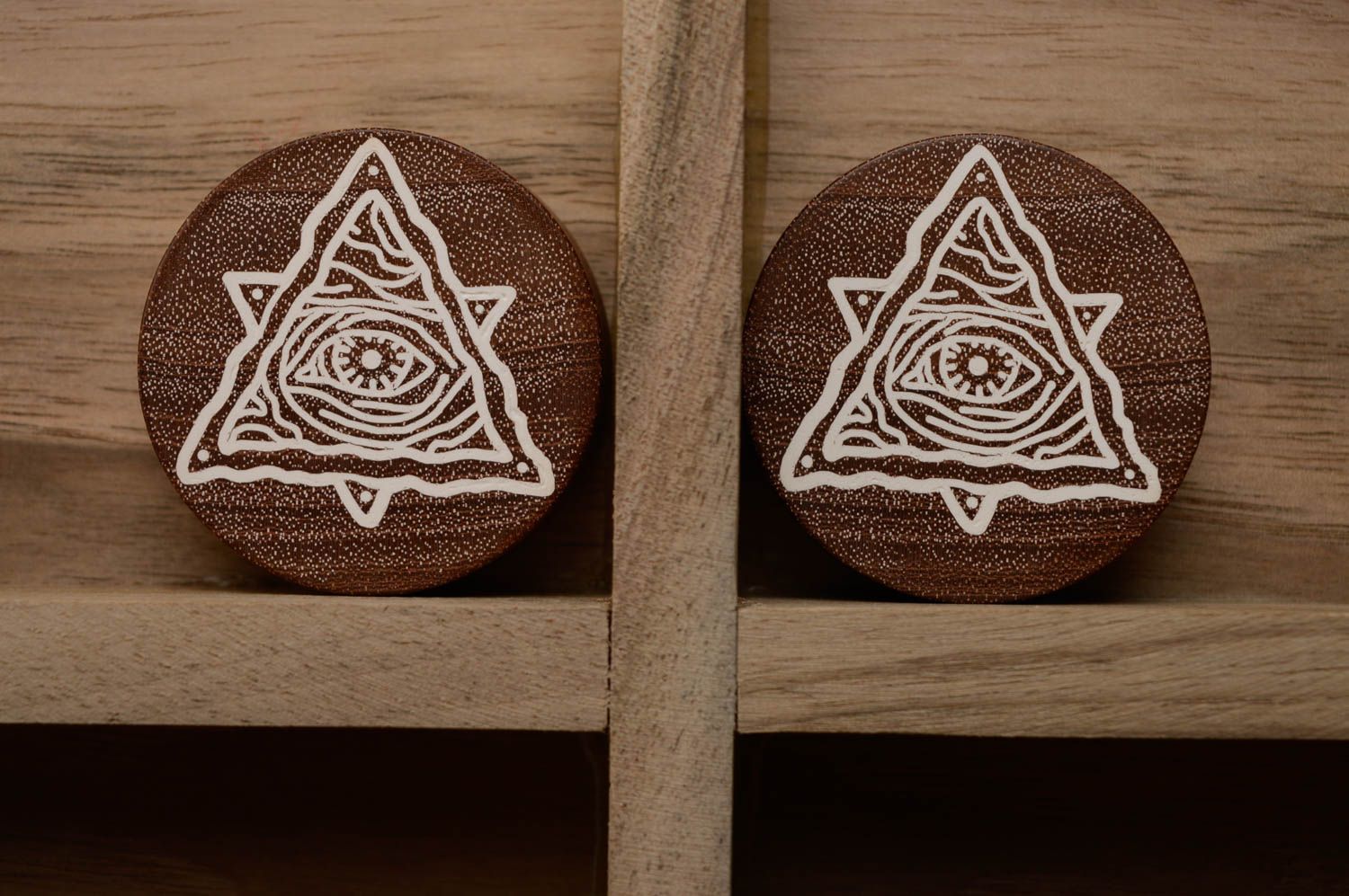 Wooden plug earrings with engraving photo 1