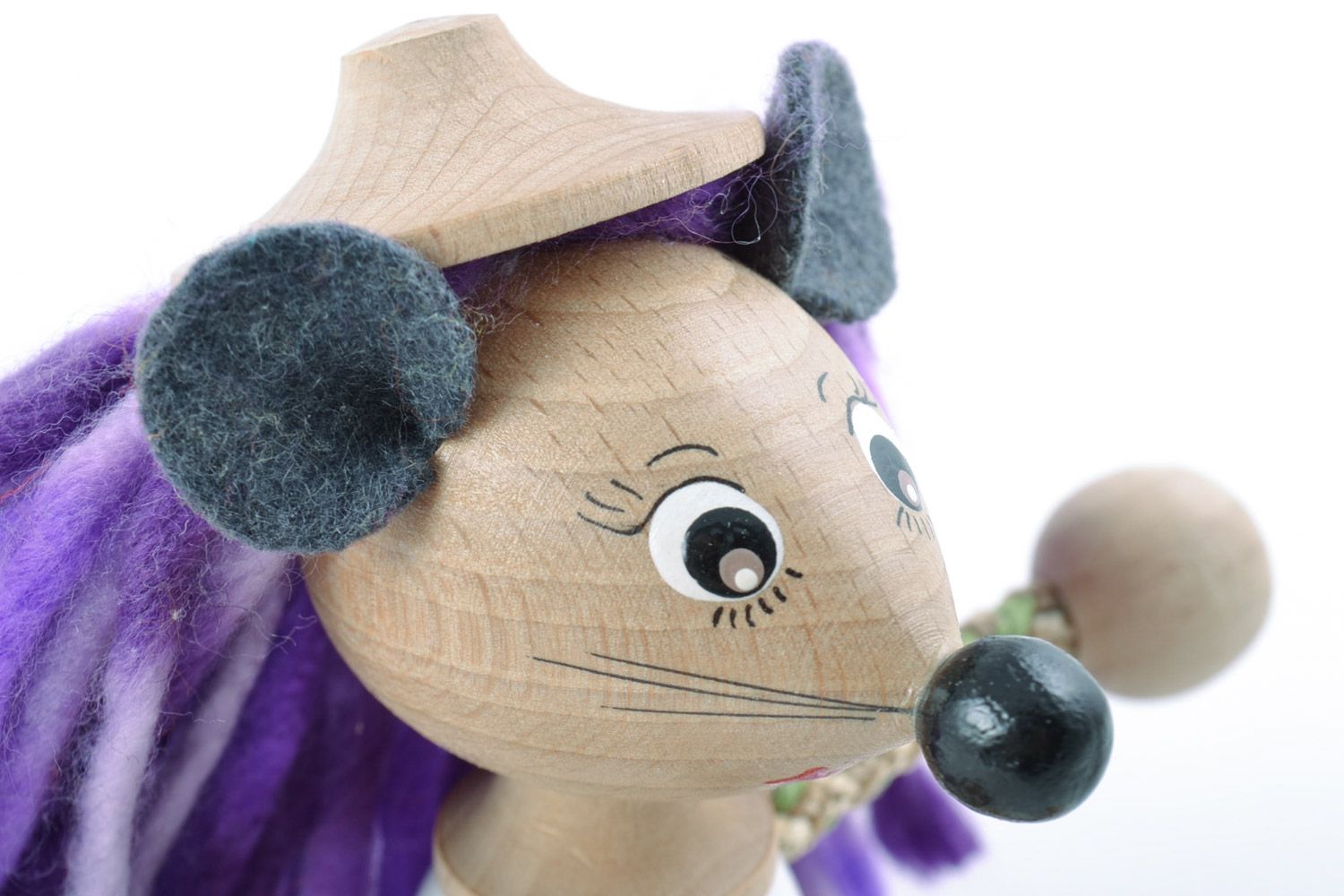 Handmade painted wooden eco toy mouse with violet hair for children and interior photo 3