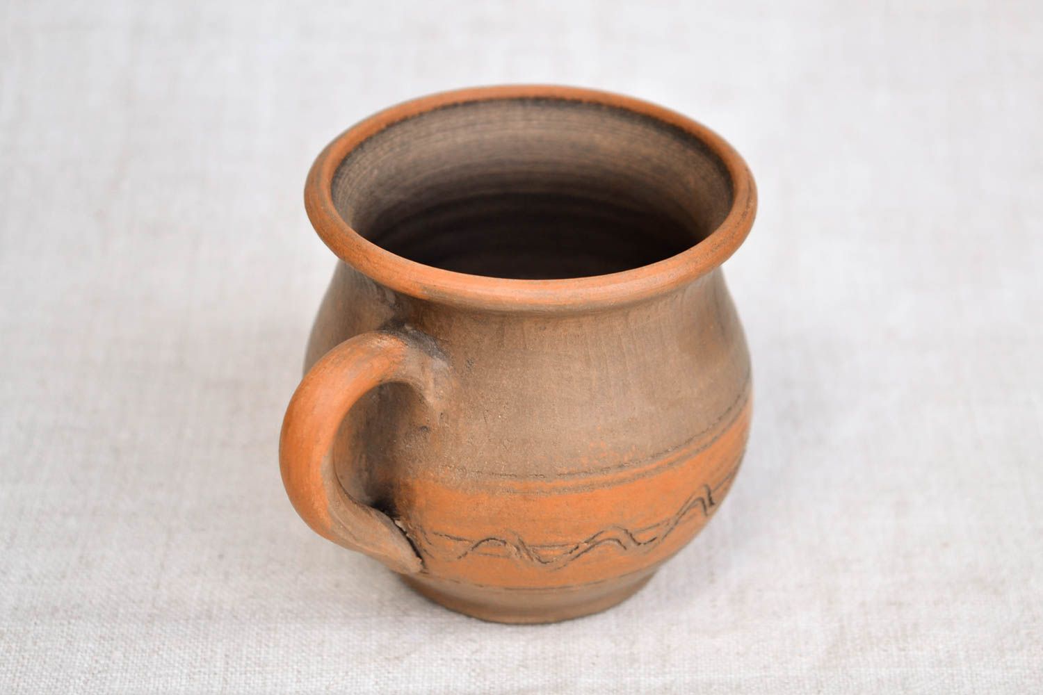 6 oz clay coffee cup in pot shape with handle and plain olive and light brown color design photo 5