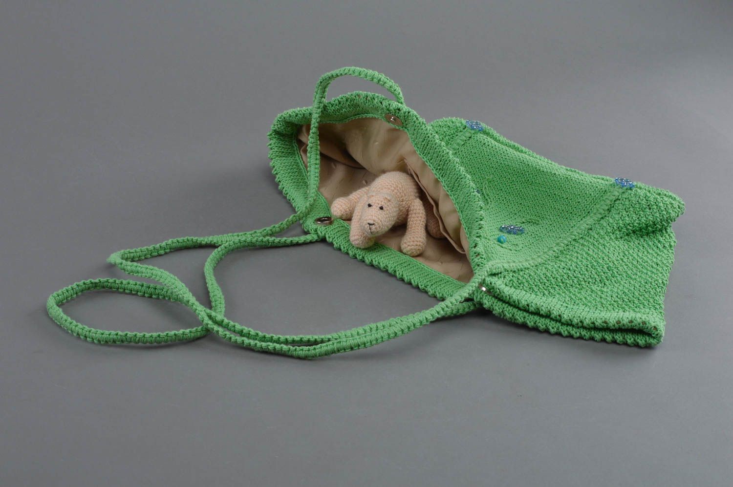 Knitted stylish shoulder bag of green color cotton handmade roomy purse photo 3