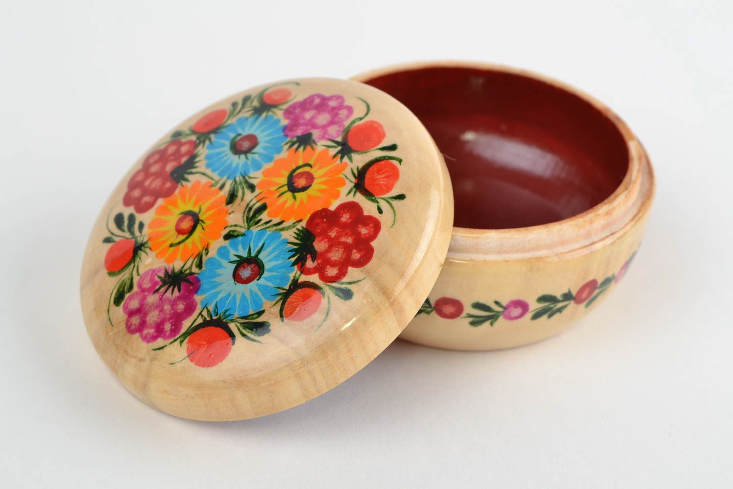 Круглая деревянная шкатулка ручной работы с росписью для украшений подарок маме фото 9