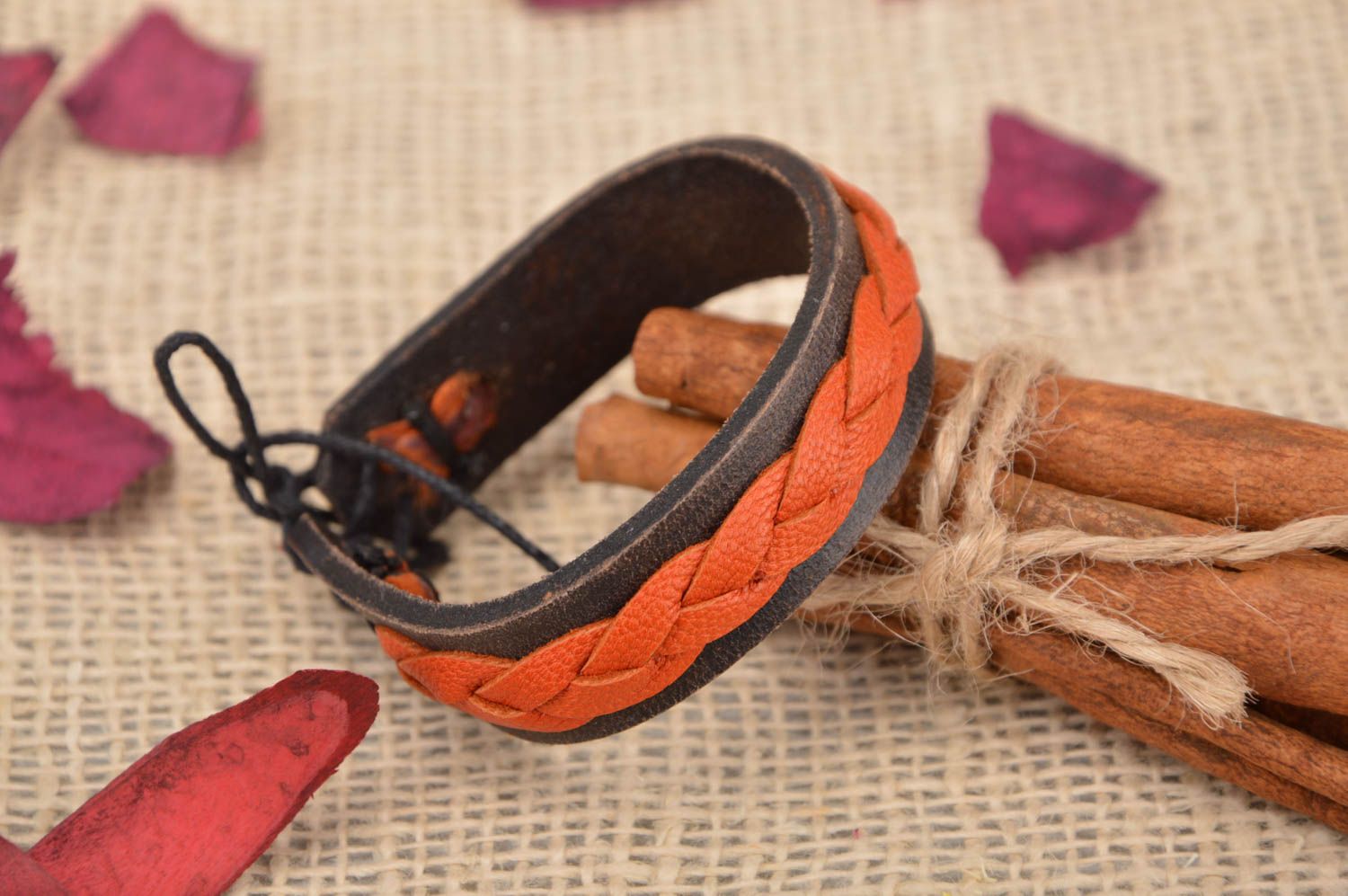 Handmade designer brown and orange genuine leather wrist bracelet with ties photo 1