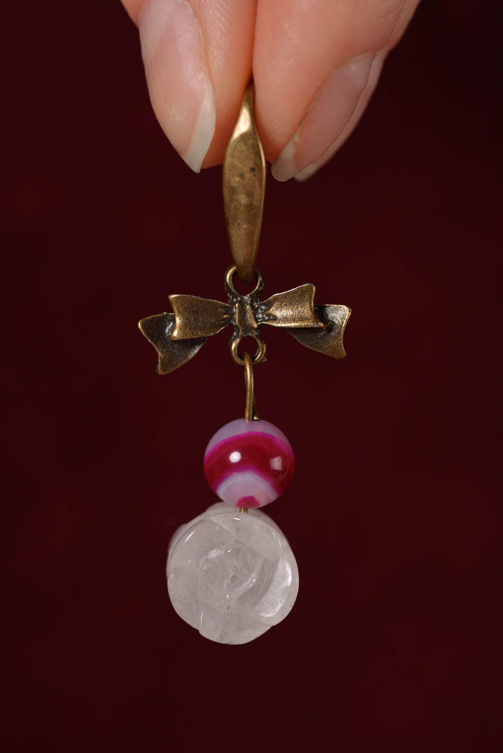 Boucles d'oreilles pendantes Bijou fait main agate quartz rose Cadeau femme photo 4