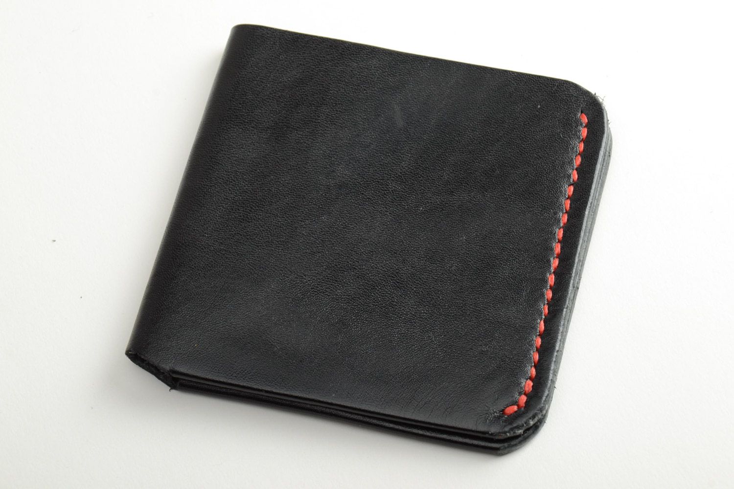 Handmade laconic genuine leather wallet of square shape and black color for men photo 2