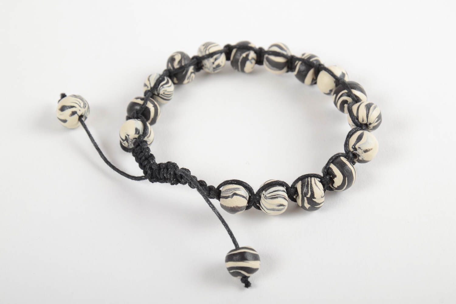 Black and white color beaded bracelet on black cord unisex bracelet photo 5