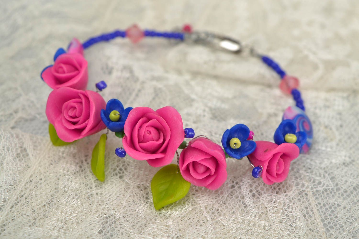 Bright homemade women's wrist bracelet with polymer clay flowers Tea Rose photo 1