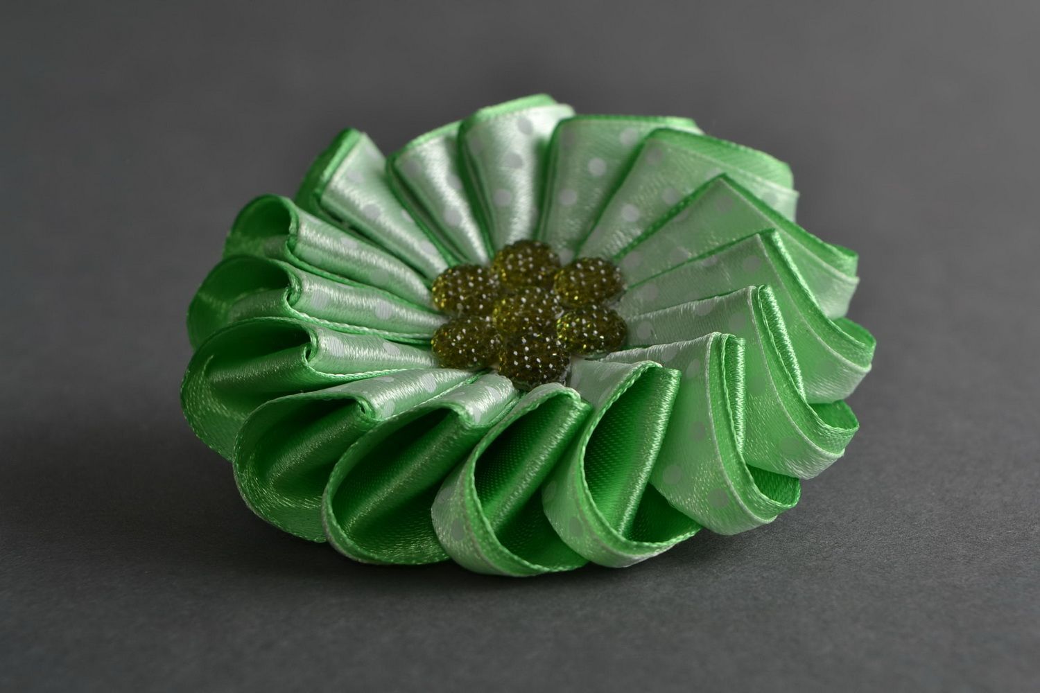 Handmade decorative hair tie with yellow green satin ribbon kanzashi flower photo 1