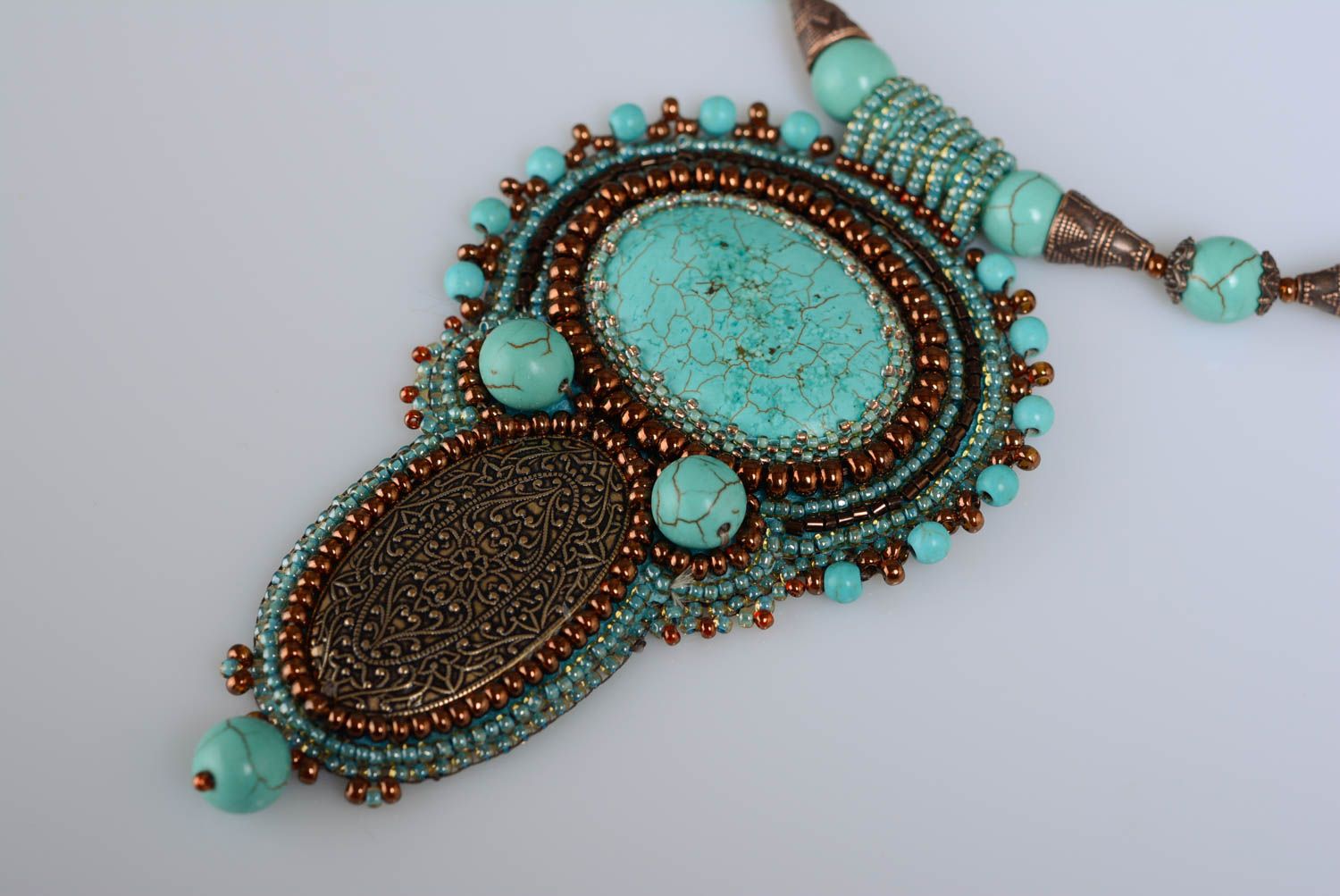 Handmade designer massive necklace embroidered with beads with natural howlite photo 2