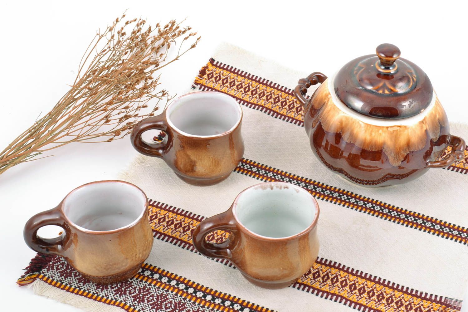 Handmade ceramic tea set glazed sugar bowl 350 ml and 3 cups 150 ml each photo 1