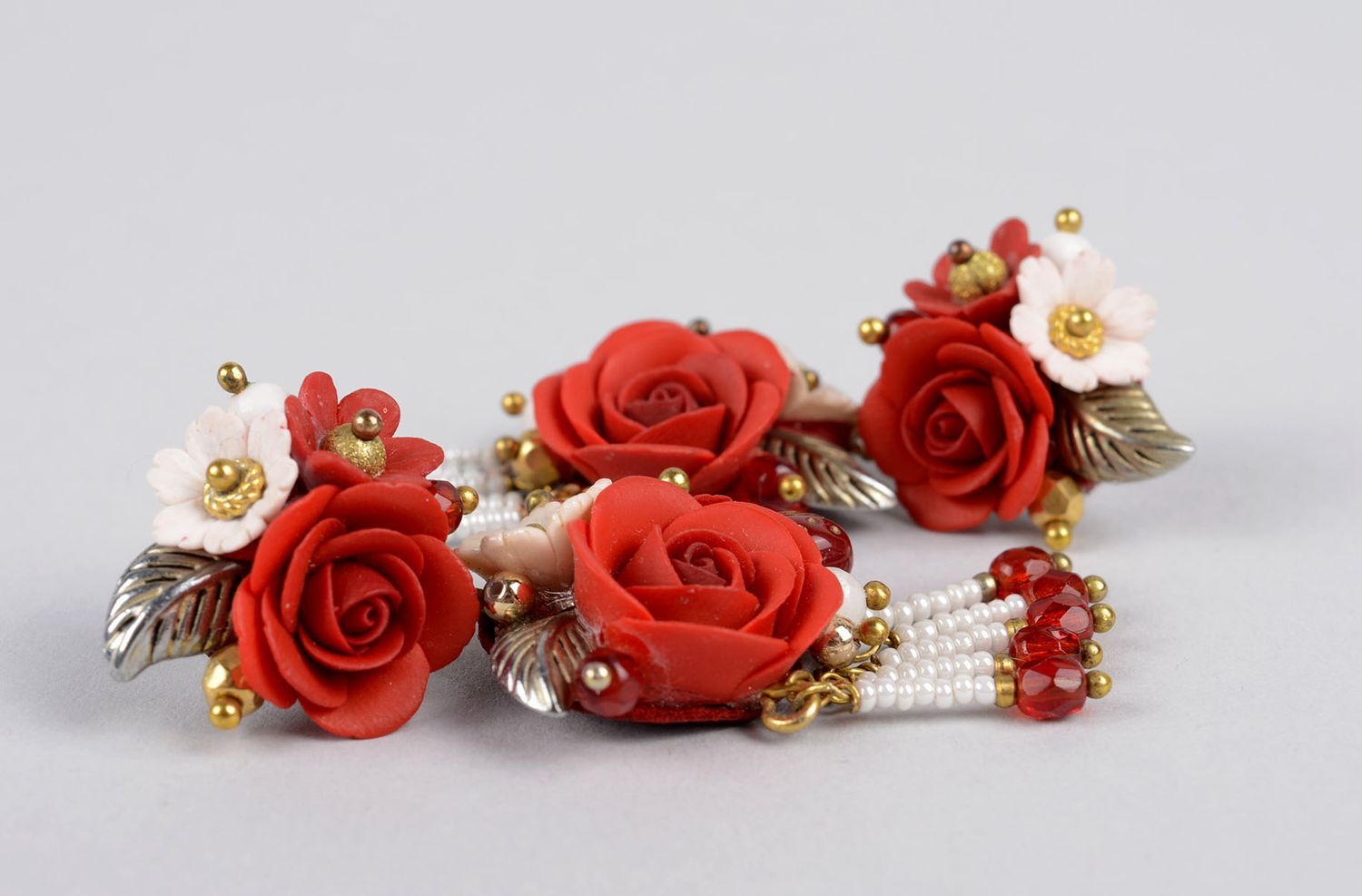 Handmade polymer clay earrings with charms plastic earrings with red flowers photo 4