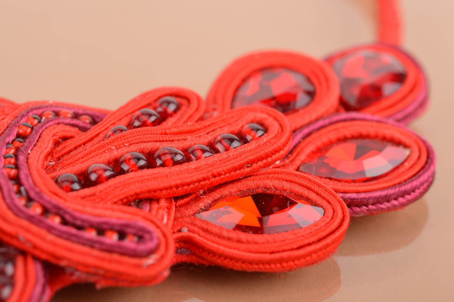 Beautiful handmade red massive textile soutache necklace with beads for women photo 3