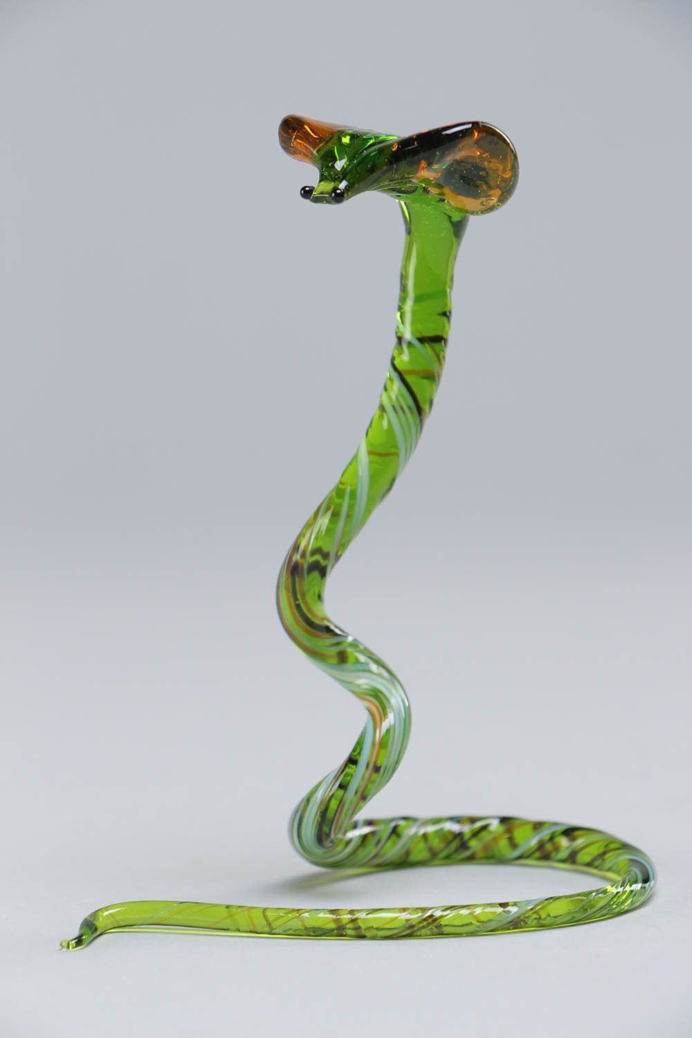 Handmade miniature lampwork glass figurine of green cobra snake interior decor photo 2