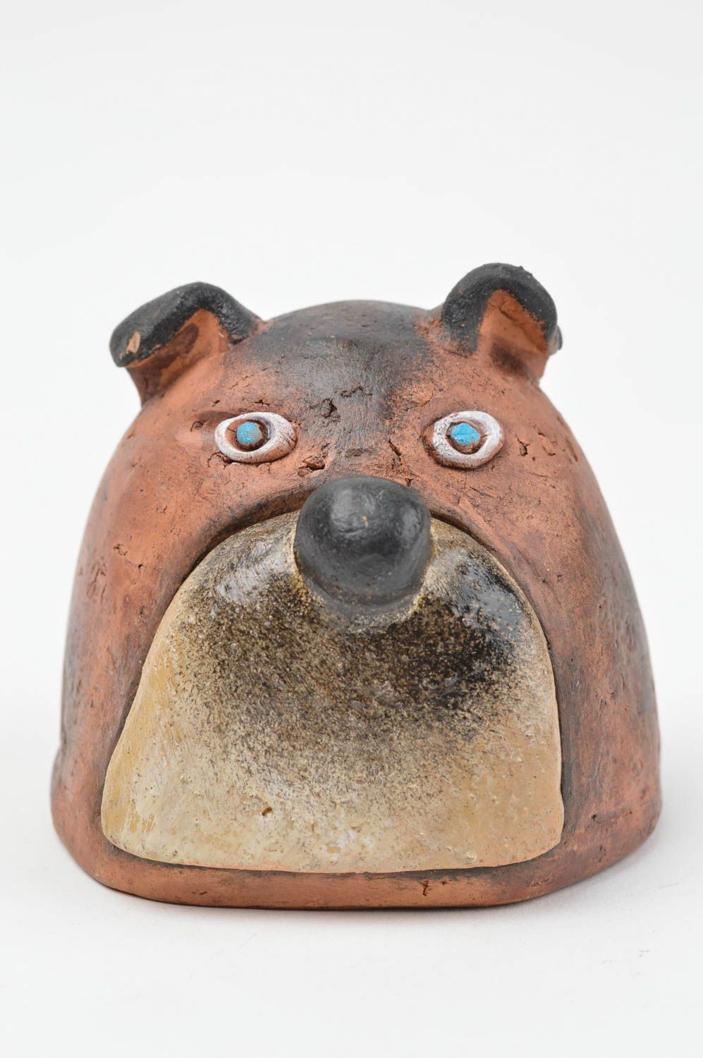 Глиняная шкатулка в виде мордочки собаки небольшая коричневая ручной работы фото 2