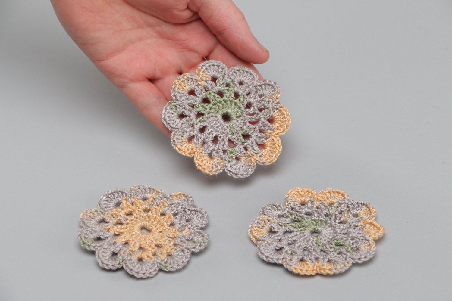 Set of handmade crochet flower coasters for cups 3 items photo 5