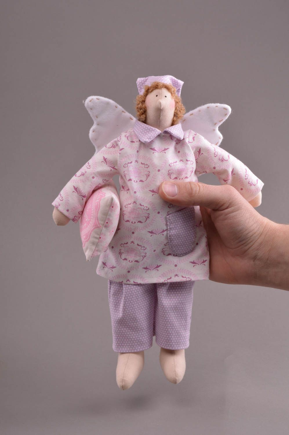 Funny small handmade cotton and felt soft toy sleepy angel with pillow in violet photo 4