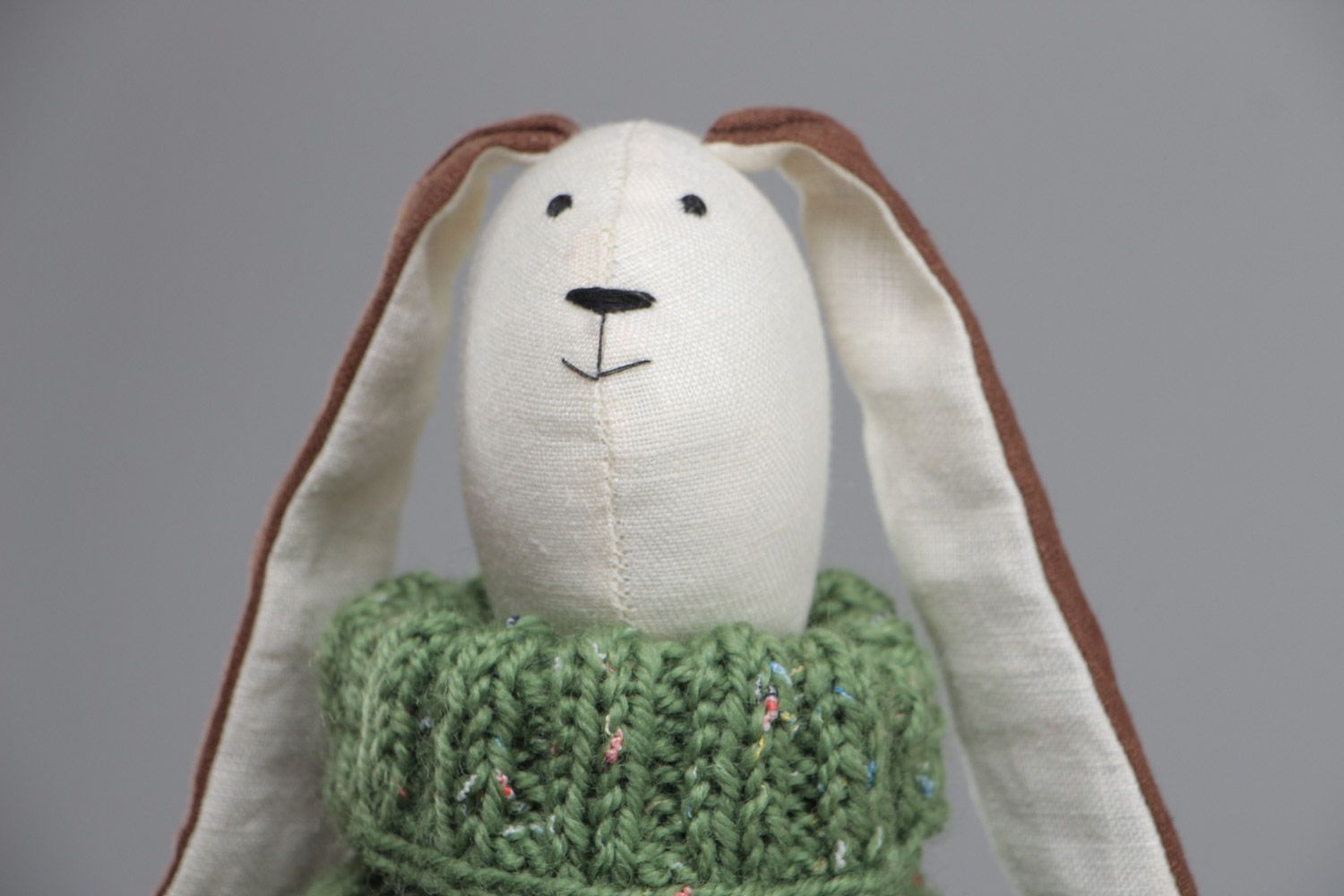 Handmade soft toy sewn of linen fabric in the shape of rabbit for children photo 3