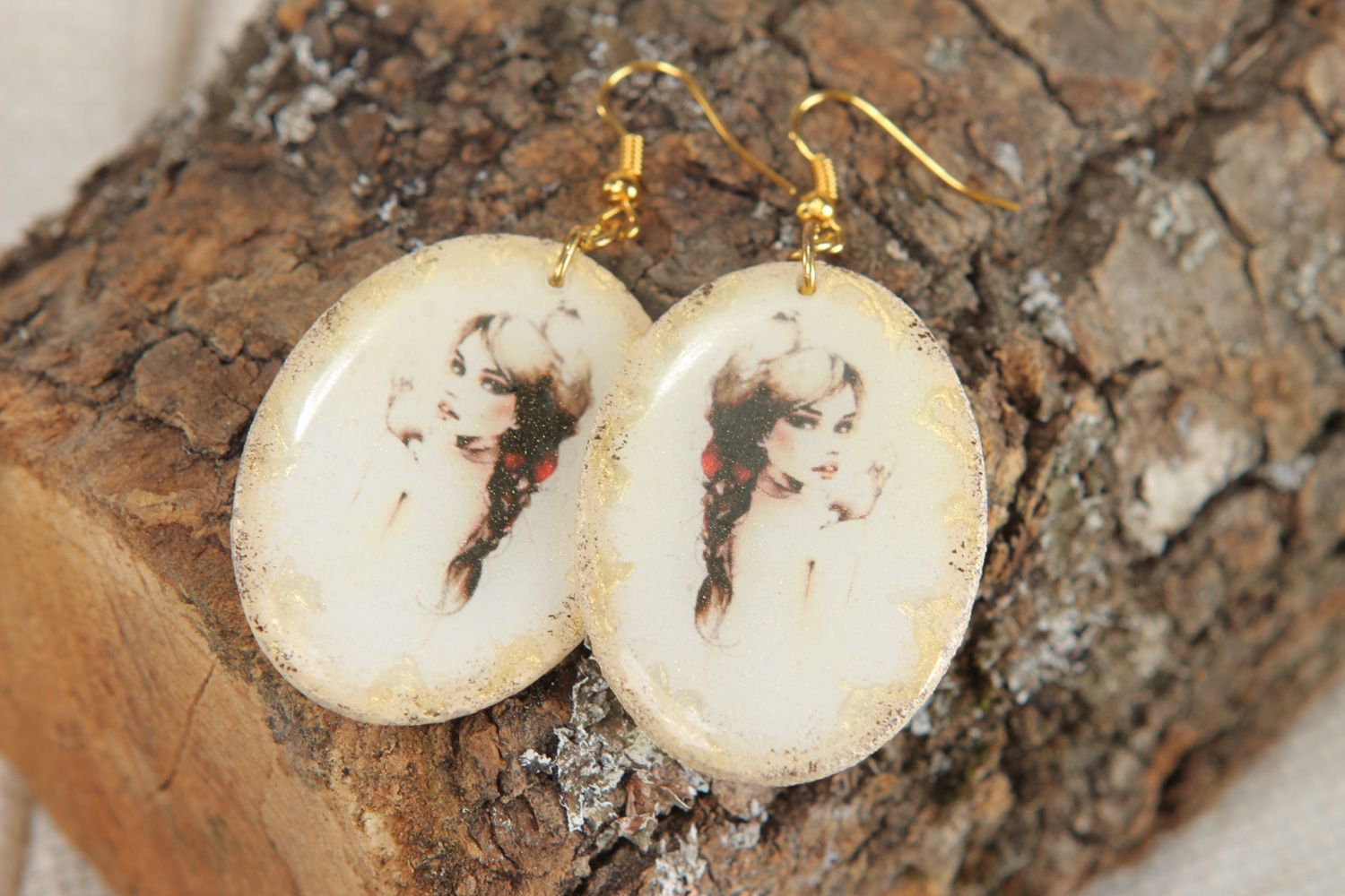 Handmade vintage polymer clay dangle earrings with epoxy resin and print for women photo 4