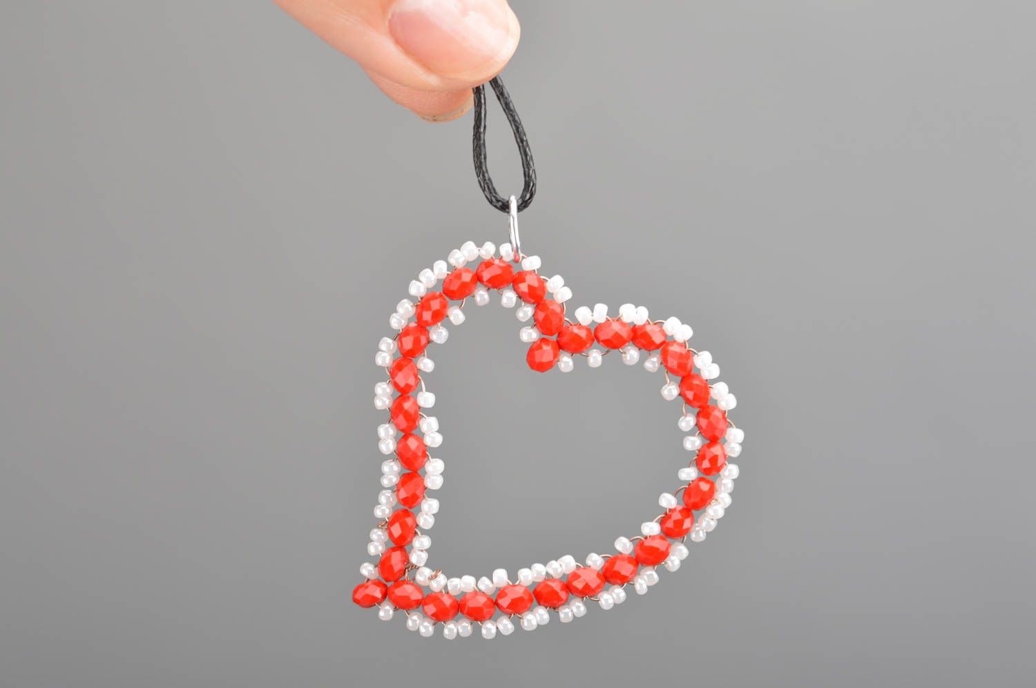 Handmade designer red heart shaped pendant with Czech crystal beads on cord photo 3