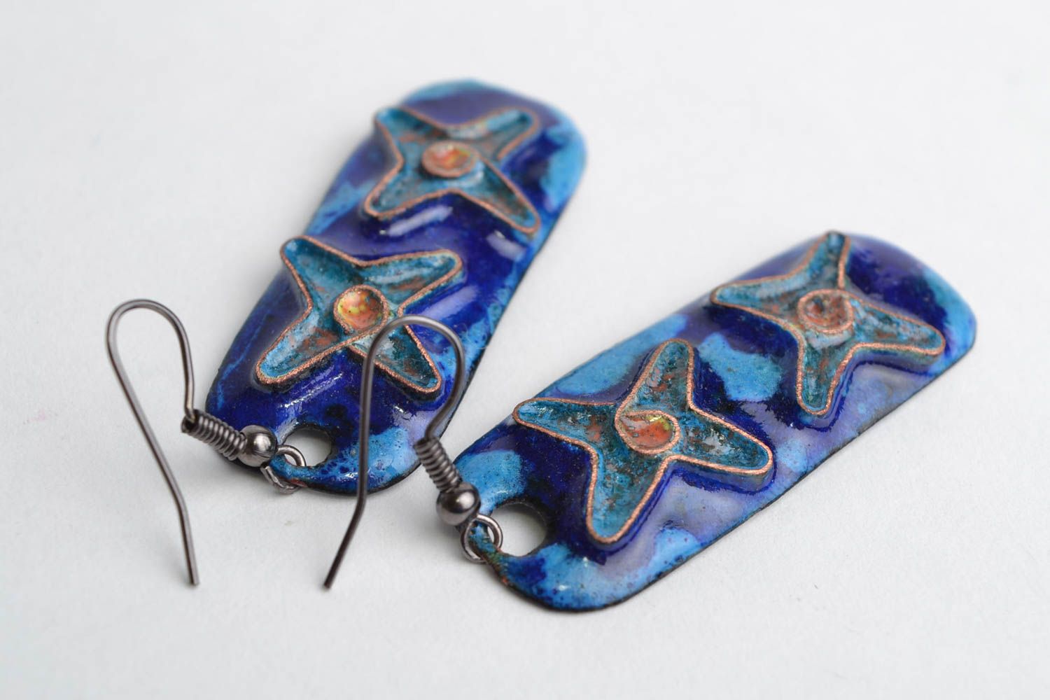 Handmade bright rectangular long copper enameled dangling earrings Blue Stars photo 3