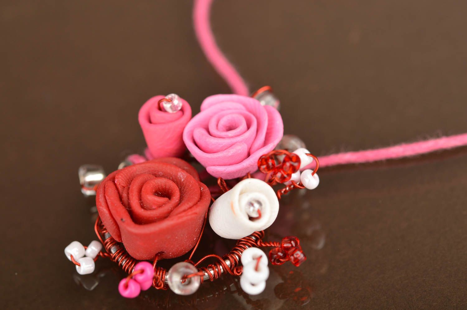 Handmade elegant flower pendant made of polymer clay in pink color photo 3