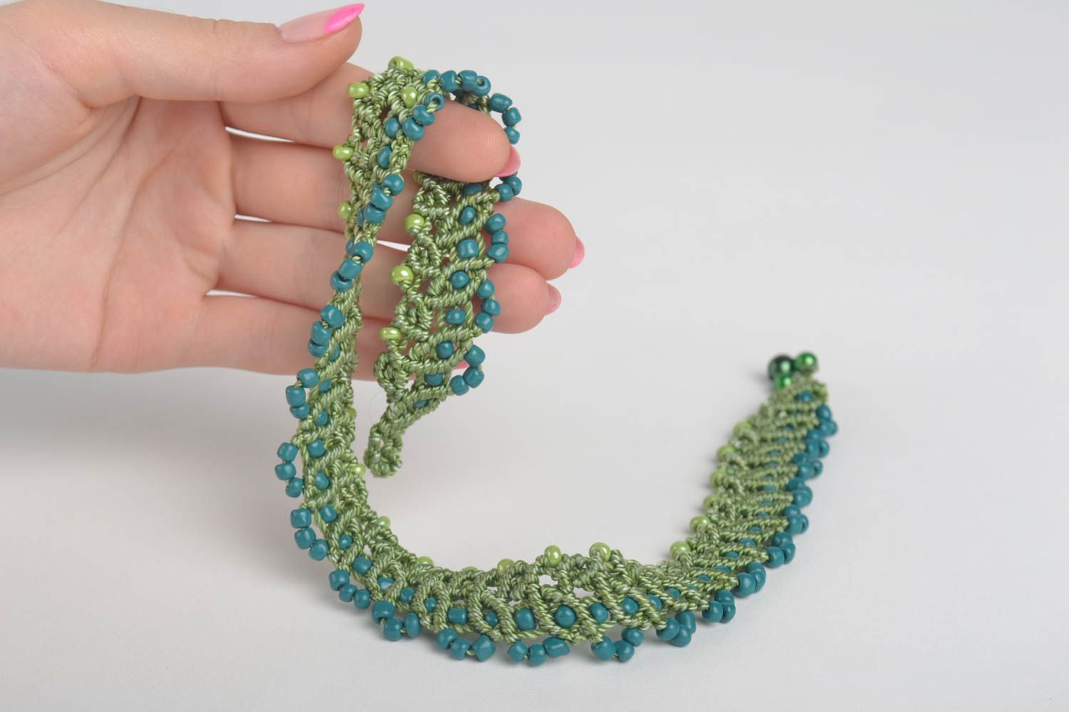 Handmade beaded jewelry unusual necklace gift stylish green textile necklace photo 5