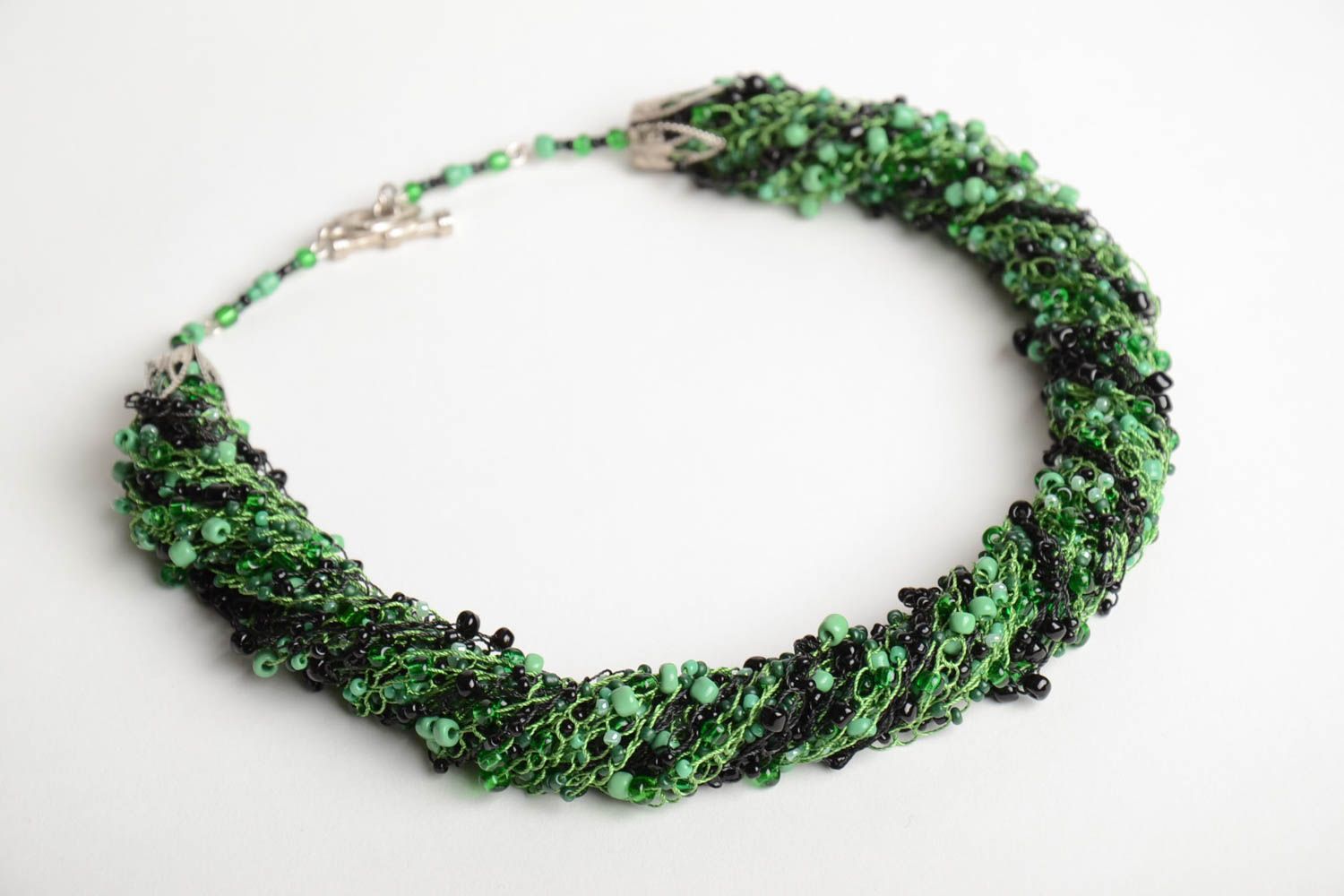 Handmade tender green and black airy multi row necklace crocheted of Czech beads photo 3