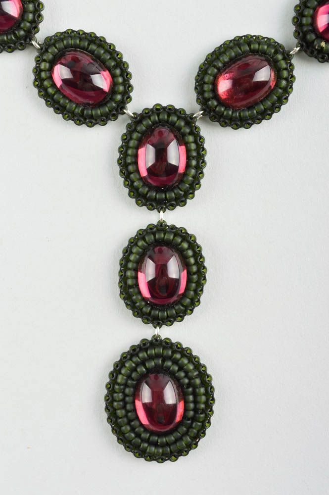 Collier fantaisie Bijou fait main rouge vert cuir verre perles Accessoire femme photo 5