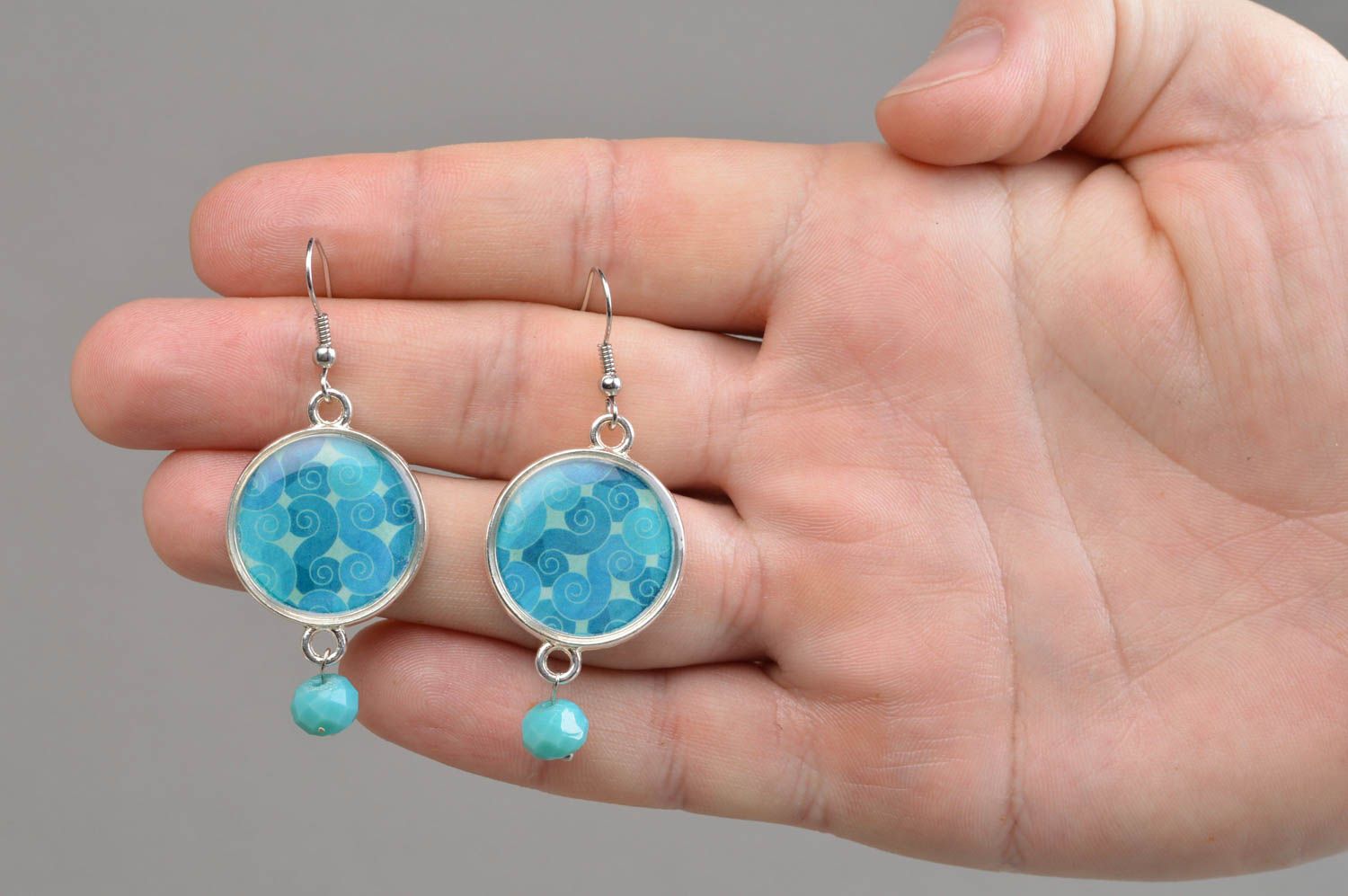 Handmade designer light blue decoupage dangling earrings with jewelry resin  photo 4