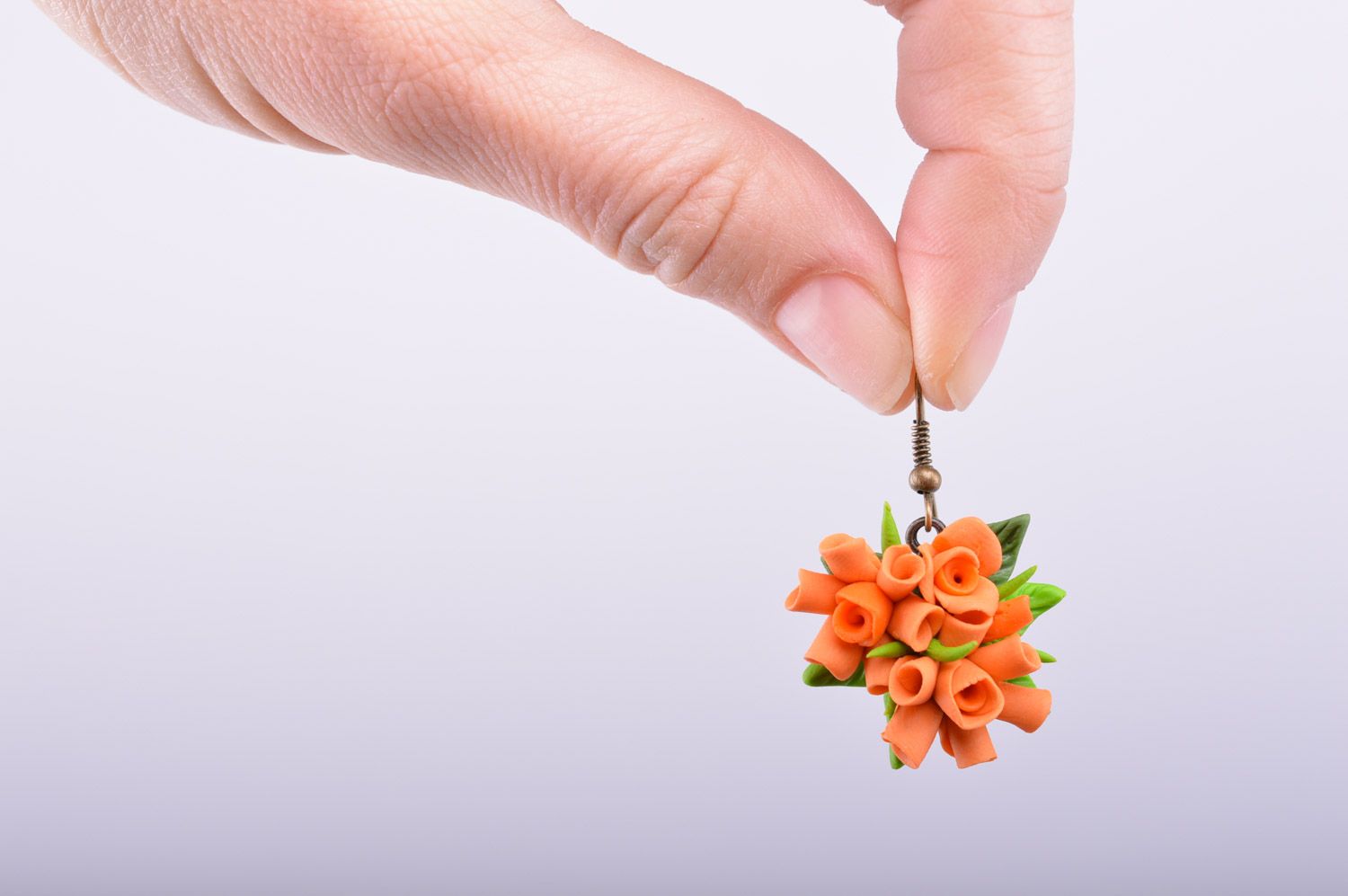 Unusual festive handmade polymer clay flower earrings of orange color photo 5