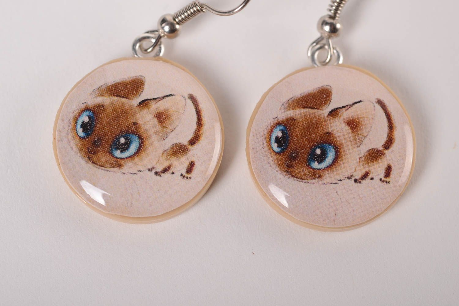 Stylish handmade round earrings polymer clay accessories with cats for women photo 3