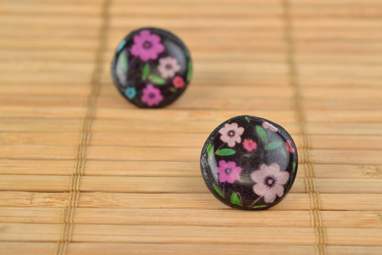 Handmade decoupage polymer clay round stud earrings with epoxy resin Flowers photo 5
