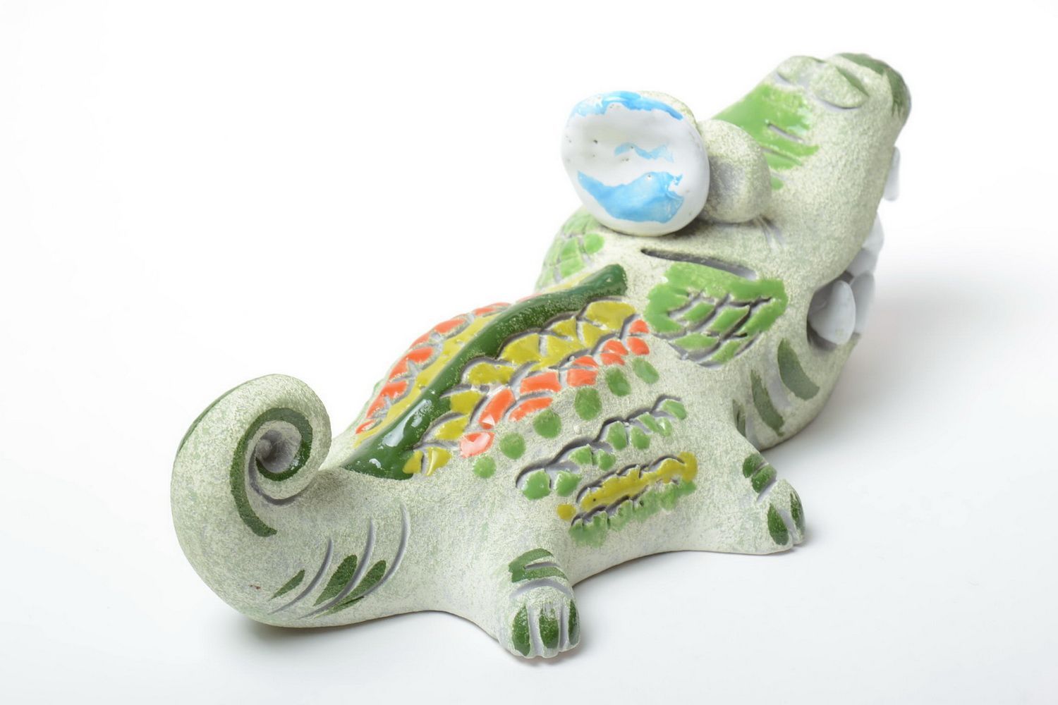 Grelle Keramik Sparbüchse Alligator mit Pigmenten Bemalung Künstler Handarbeit foto 5