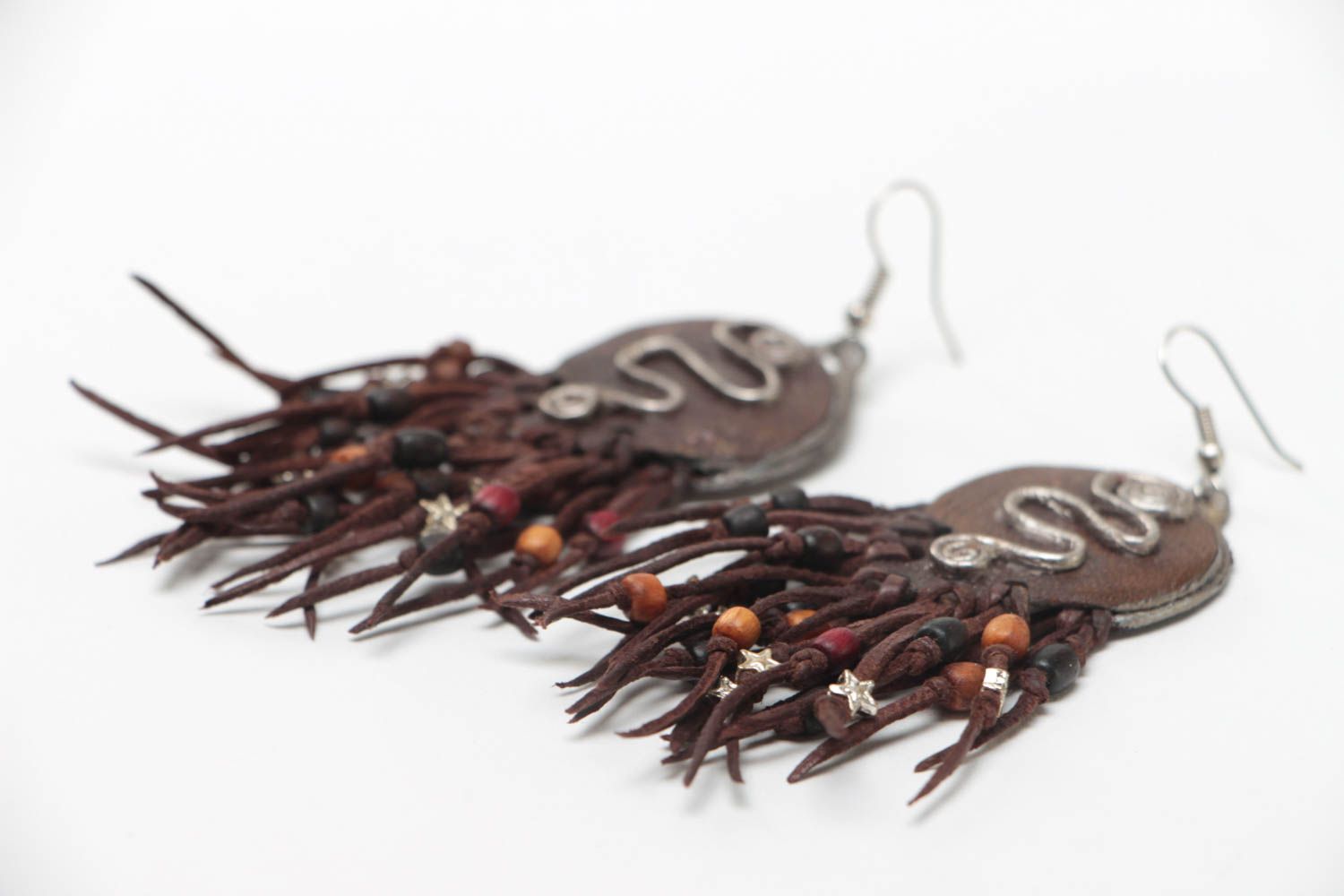Handmade designer large long genuine leather earrings with wooden elements photo 3