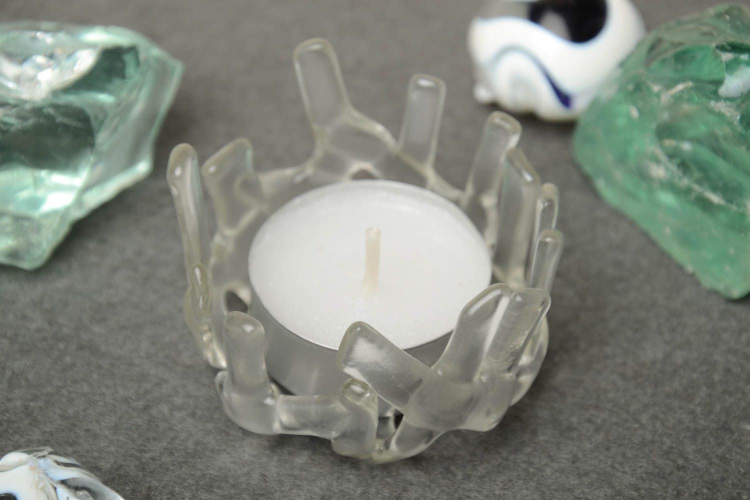 Unusual white handmade fused glass candle holder for tablet shaped candle photo 1
