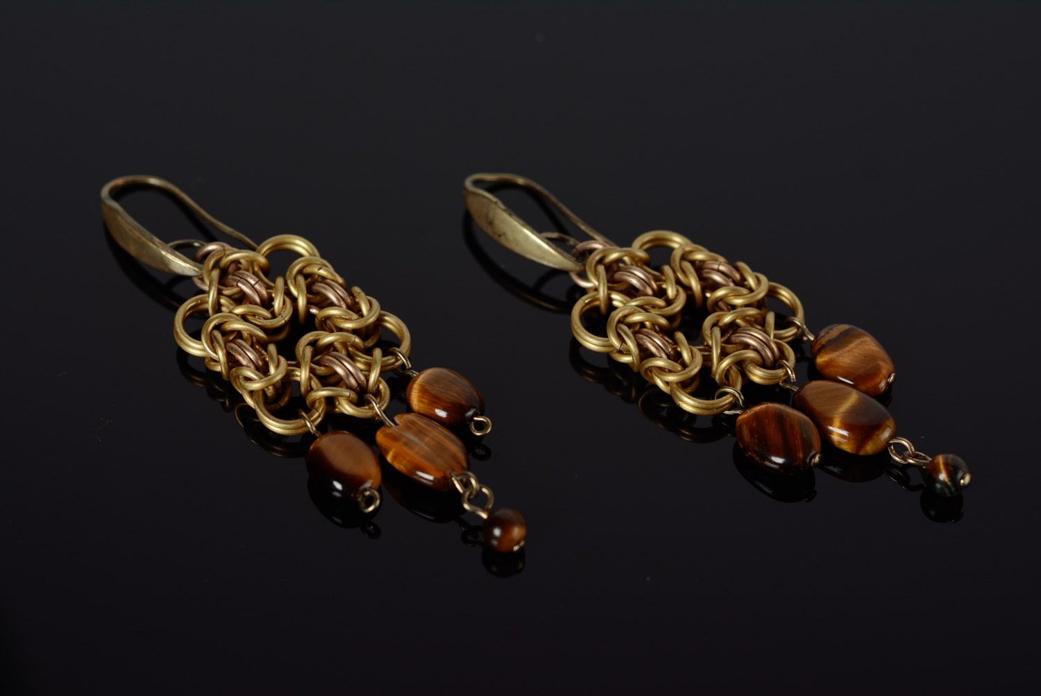 Handmade chainmaille metal earrings with tiger's eye stone photo 1