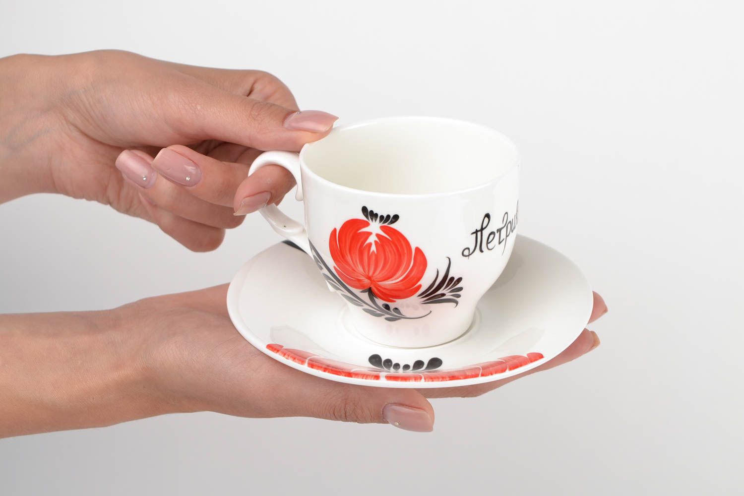 Coffee drinking porcelain Japanese cup with handle and saucer photo 2